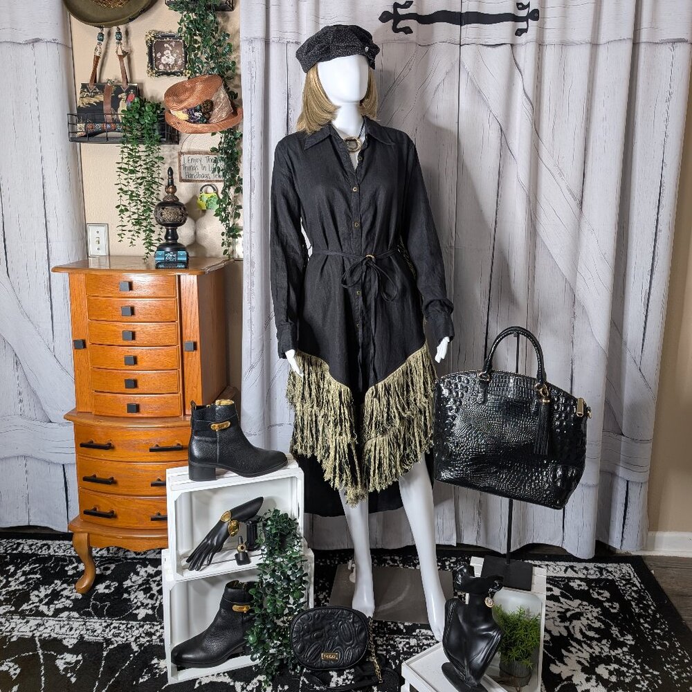 Handmade Chintamani Alchemy Black Linen Shirt Dress w/Fringe Size XL